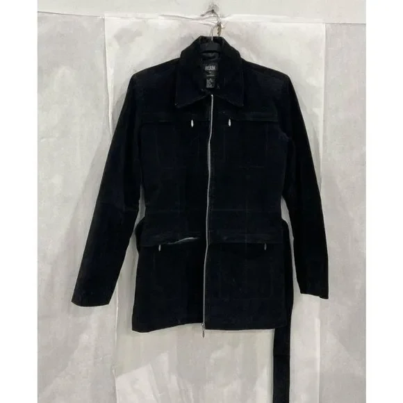 Helium London Black 100% Leather Jacket Collared Belted Full-Zip Coat, Sz Medium - Picture 2 of 13